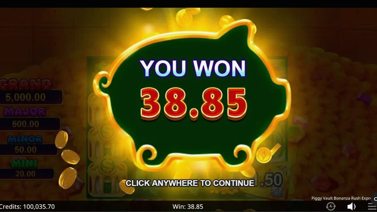 Piggy Vault Bonanza Rush Express স্লট গেমের একটি দৃশ্য যেখানে স্বর্ণমুদ্রা এবং পিগি ব্যাংক দেখা যাচ্ছে
